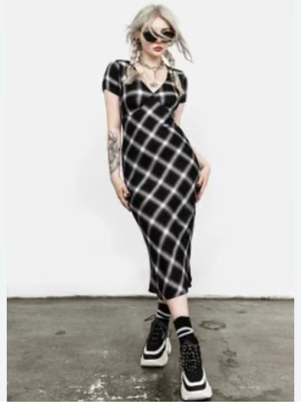Disturbia Size 6 Black Plaid Single Bias Cut Midi Dress V-Neck Grunge Goth - Picture 2 of 10